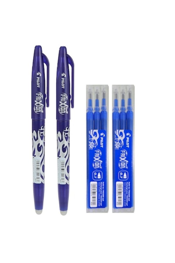 Set 2 pixuri FriXion cu radieră + 6 rezerve 0.7mm albastru pentru scriere