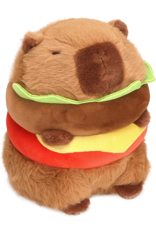 Jucărie de pluș Capybara Hamburger - Animal de pluș Capybara drăguț de 9,5 inch, Plushie Capibara Kawaii pentru copii