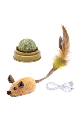 Set 2 jucării interactive pentru pisici, minge cu catnip și mouse LED