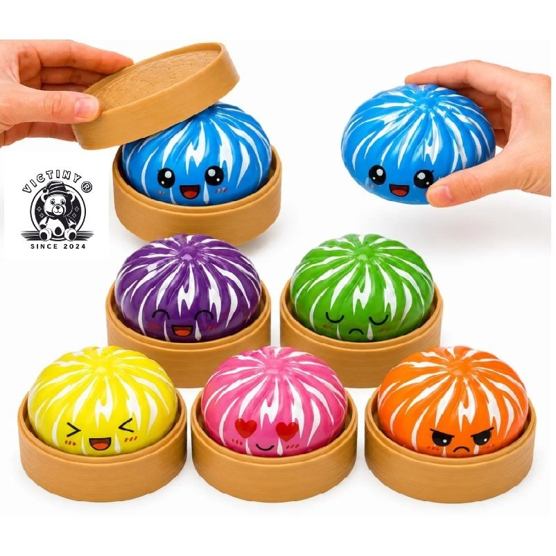 Jucarie interactiva VICTINY ® Dumpling / Baozi cu, culoare multicolor cu dungi, squishy, antistres, anxietate, depresie si multe alte afectiuni de zi cu zi, ale copiilor cat si ale adultiilor