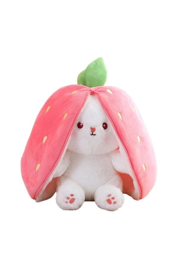 Jucărie de pluș Iepuraș de căpșuni, VICTINY®, moale, pufos și catifea, 35 cm, roz/alb