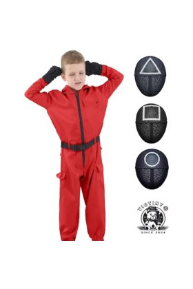 Set 4 costume și 3 măști pentru copii, Jocul Calamarului VICTINY, măști cerc / triungi / pătra