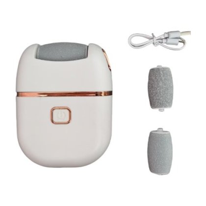 Pila Electrica Pentru Talpi si Calcaie VICTINY ®, LED, Acumulator 1200 mAh, Incarcare USB, 3 Role Interschimbabile, 2 viteze, Indepartare Piele Moarta si Calus, alb/auriu