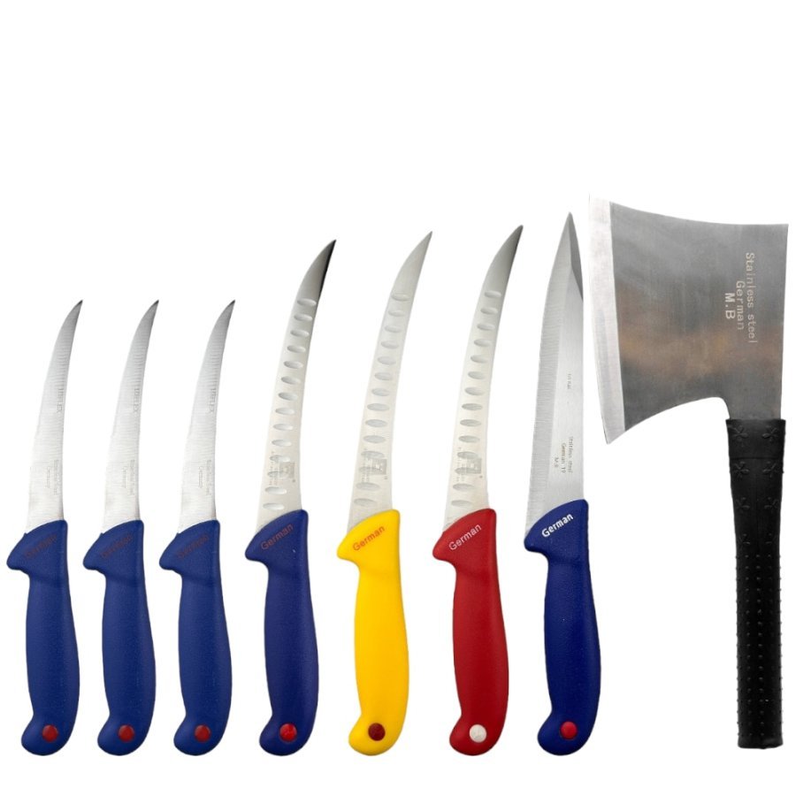 Set cutite profesionale macelarie, 8 piese, 1 masat magnetic 42cm, 1 satar oase - otel carbon 40cm, 4 cutite dezosat 28cm, 2 cutite filetat 32-34cm