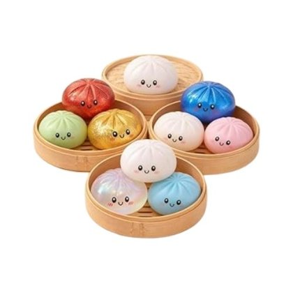 Jucarie antistres squishy, design chifle set 3 dumping zampitoare Baozi sau Nikuman pe cutie multicolor, 1 bucata random, 5 cm