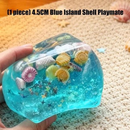 Jucarie antistres squishy Blue Island Shell Playmate, din tpr de inalta calitate, cu scoici si stelute sclipitoare, albastru, 4.5 cm, 1 buc