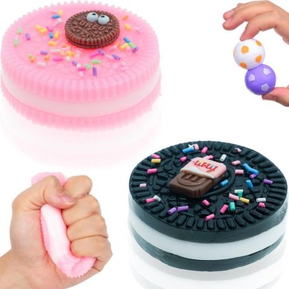 Wuciray® Set de jucarii antistres, modele Oreo - Jucarie Oreo Squishy moale culori negru si roz, dimensiuni compacte, jucarie interactiva, anti-stres, moale si relaxanta cu revenire rapida la forma initiala (2 bucati)