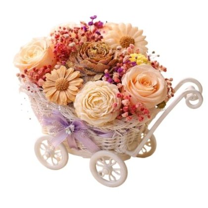 Aranjament floral VICTINY® Buchet din flori de ceara naturala 100% de soia parfumata si plante uscate in cos alb sau natur model 005