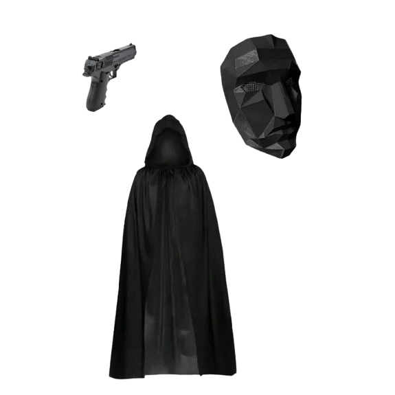 Set 3 jocuri interactive jocul calamarului perelina neagra, pistol plastic, masca front-man