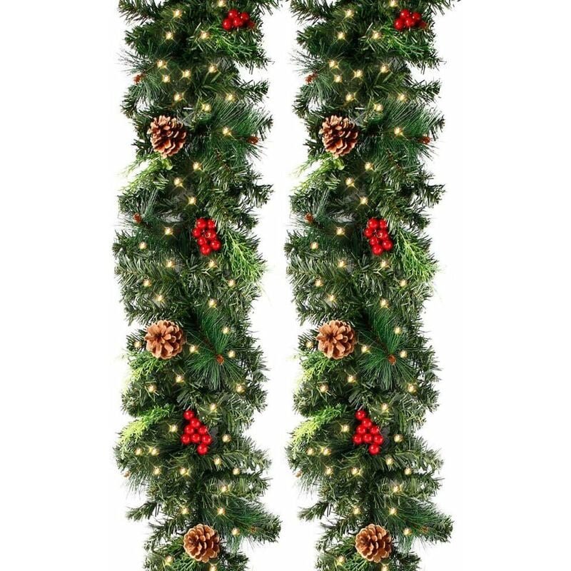 Ghirlanda artificiala de Craciun 270cm, brad verde cu conuri de pin si fructe rosii, iluminata cu 50 LED-uri