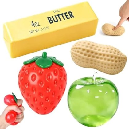 Set jucarii squishy antistres K0569-260805-1543-AMC, TPR cu revenire lenta, modele unt/arahide/capsuna/mar, multicolor, 4 bucati
