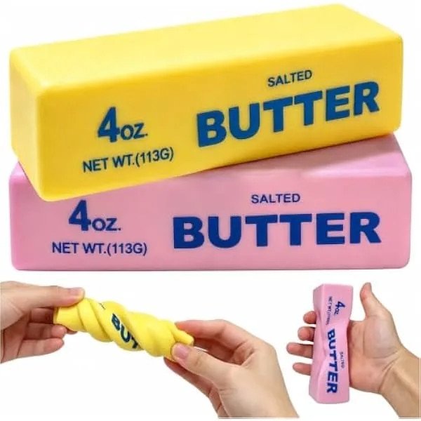 Set de 2 jucarii antistres tip "butter" K0569-260805-331-AMC, moi, cu revenire lenta, senzoriale, galben/roz