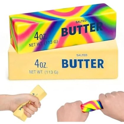 Jucarie antistres baton de unt, 2 bucati, spuma non-toxic slow-rising cu aroma de lapte, galben/curcubeu