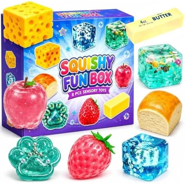 Set de 8 squishies senzoriale surpriza K0569-260804-1508-AMC, textura moale cu revenire lenta, forme malt-sugar (capsuna, mar, paine, unt), Multicolor