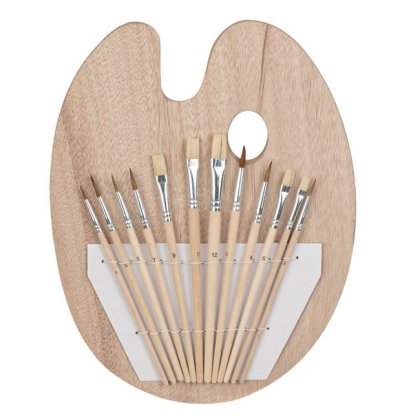 Set Pensule Pictura cu Varf Rotund & Plat & Paleta Ovala - 13 piese