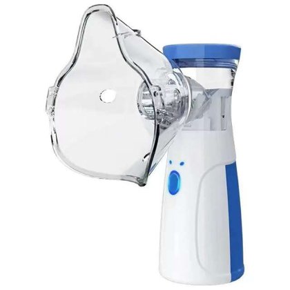 Aparat aerosoli, mini, nebulizator, portabil, testat clinic, ultrasonic, baterii si adaptor priza, tehnologie Mesh, masca adulti si copii, super silentios, alb-albastru